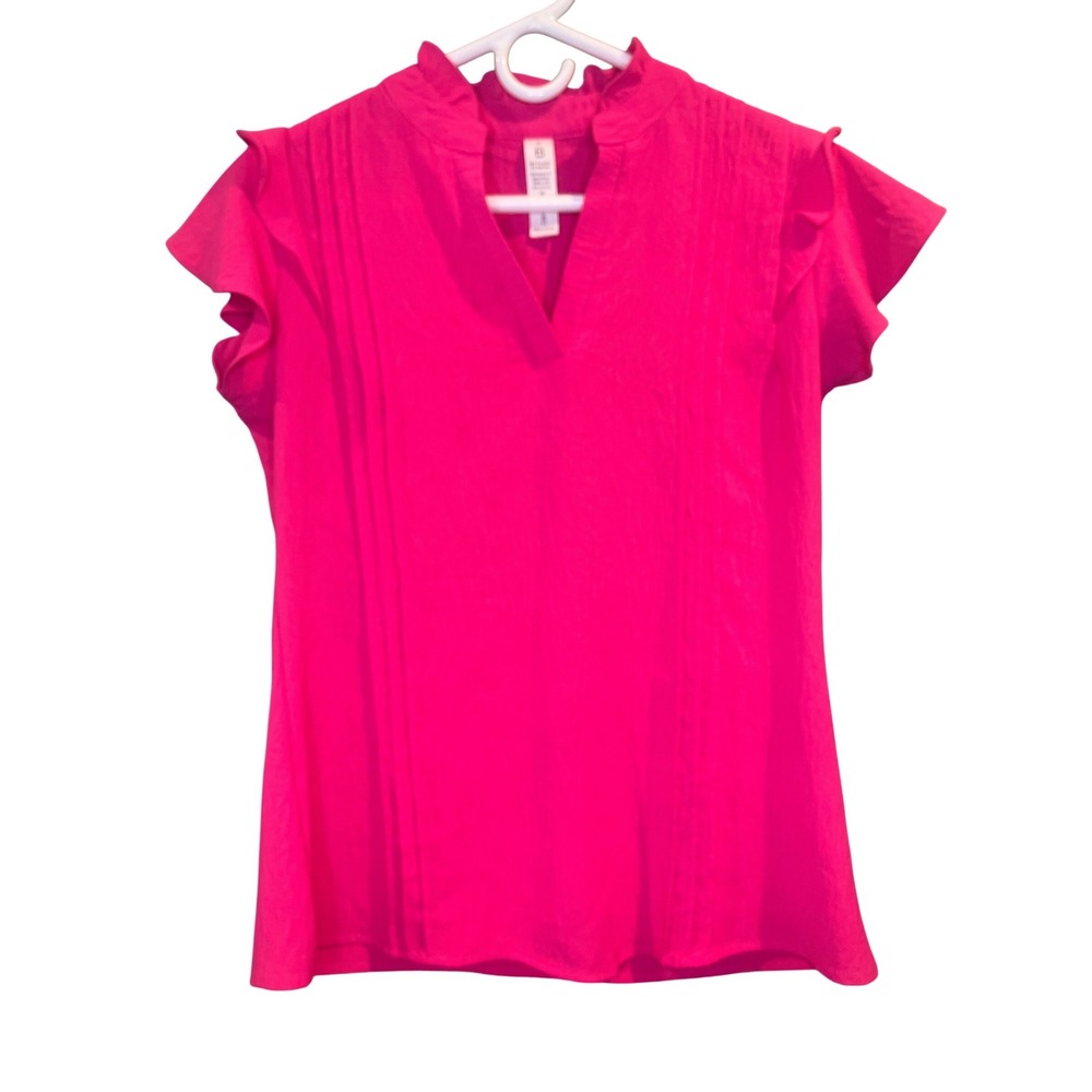 B Hot‎ Pink Ruffle Cap Sleeve Pintuck Split Neck Blouse Top Womens Small